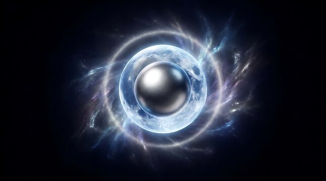 Polished metallic sphere floating gracefully in front of a glowing lunar surface surrounded by vibrant cosmic energy streams against a deep black infinite space background