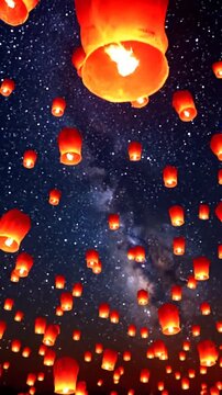 Vol massif de lanternes c&eacute;lestes rouges dans le ciel nocturne face &agrave; la Voie Lact&eacute;e