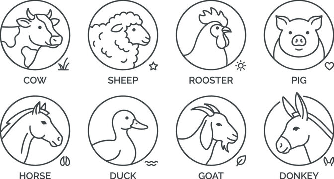 Farm animal line circle icon set with cow sheep rooster pig horse duck goat and donkey vector