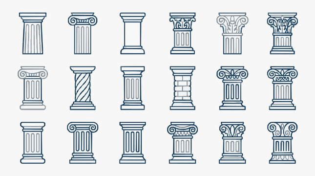 Clean Minimalist Line Drawing Collection of 15 Classic Architectural Columns in Monochrome with high quality professional line art symbols for modern creative design and digital branding projects