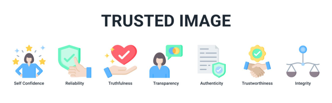 Trusted Image web banner icon vector illustration with icons of Self Confidence, Reliability, Truthfulness, Transparency, Authenticity, Trustworthiness and Integrity