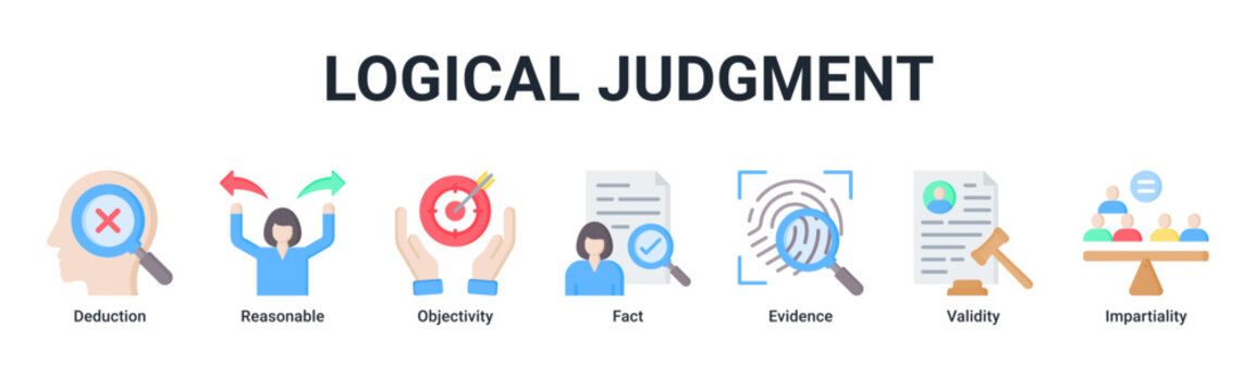 Logical Judgment web banner icon vector illustration with icons of Deduction, Reasonable, Objectivity, Fact, Evidence, Validity and Impartiality