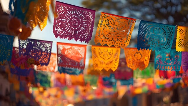 Colorful Mexican Papel Picado Banners Hanging Outdoors During Celebration