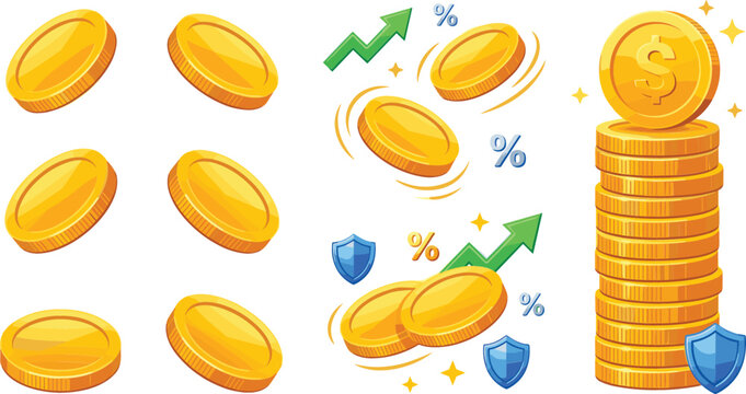 Gold coin stack and falling money vector set for financial growth business success investment illustration design