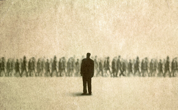 Illustration of man looking at passing crowd of people