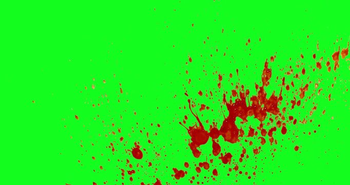Realistic blood spray and droplets splashing on a chroma key green background. Captured on high speed camera, ideal for horror scenes, VFX work and cinematic overlays.