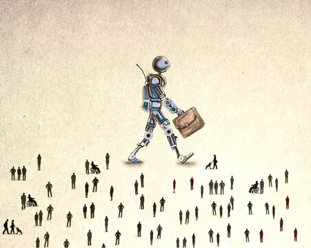 Crowd of people in front of oversized robot walking with suitcase against brown background