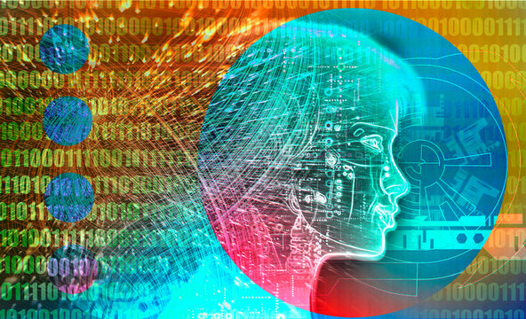 Abstract illustration of humanoid robot face with binary code data