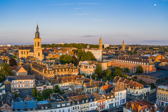 France, Nord, Cambrai, Aerial view of city at dusk