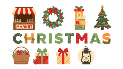 Christmas Holiday Elements: A festive collection of Christmas-themed illustrations, including a market stall, wreath, gift boxes, Christmas tree, lantern. © Abdul