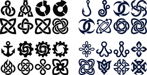 Nautical rope knot icon set with anchor hook and infinity loop black silhouette symbols for sailing and marine design © MDPappu