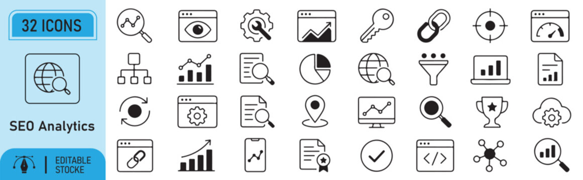 32 SEO Analytics Vector Outline Icons Set &ndash; Search Engine Optimization, Web Traffic Research, Website Ranking Graph, Keyword Analysis, Data Metrics and Link Building Line Symbols Collection
