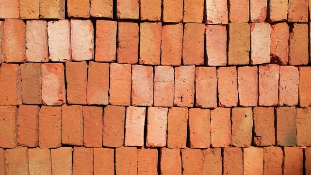 Close Up of Red Brick Rows Creating Construction Background. Rows of red bricks arranged edge-to-edge form a strong geometric texture ideal for construction and building-related projects.