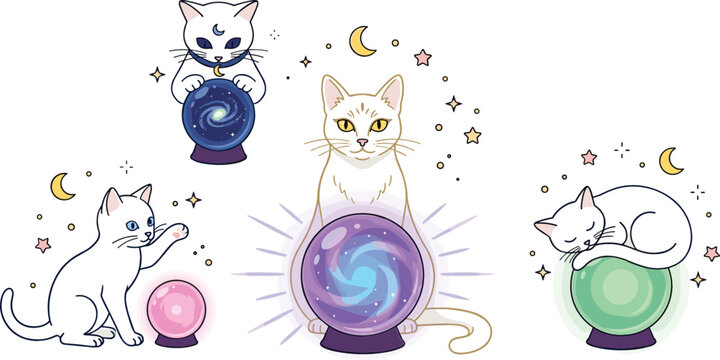 Cute white cat fortune teller crystal ball icon set with magic mystical moon and stars vector illustration