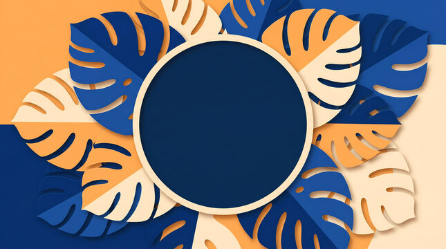 Tropical paper cut background with circular frame