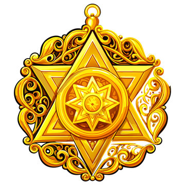 จี้ดาวหกแฉกทองคำฉลุลายบนพื้นดำ,Golden hexagram medallion on black.