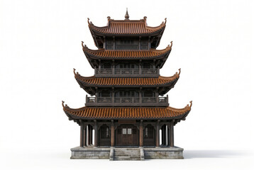 Fototapeta premium Vietnamese Buddhist Pagoda Tower with Curved Tiled Roofs Isolated on White Background