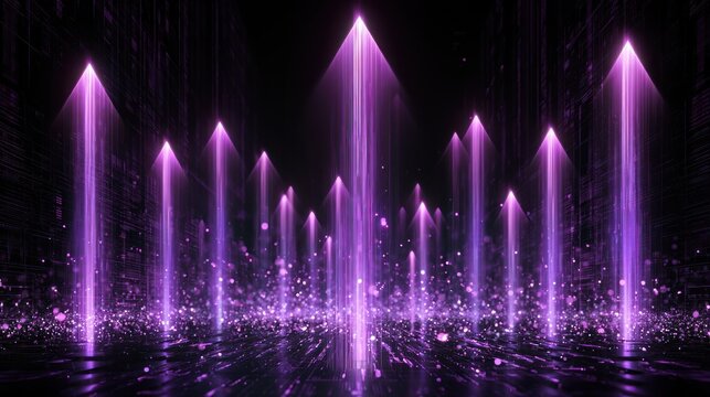 Digital abstract purple glowing light beams rising up