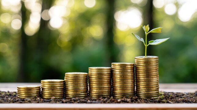 Growing stacks of coins with plant sprout