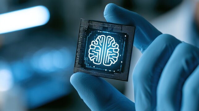 Hand holding a microchip with a glowing brain icon