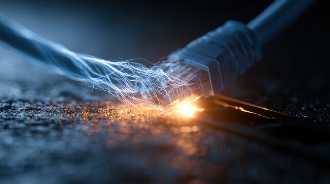 Close up of an ethernet cable with glowing energy