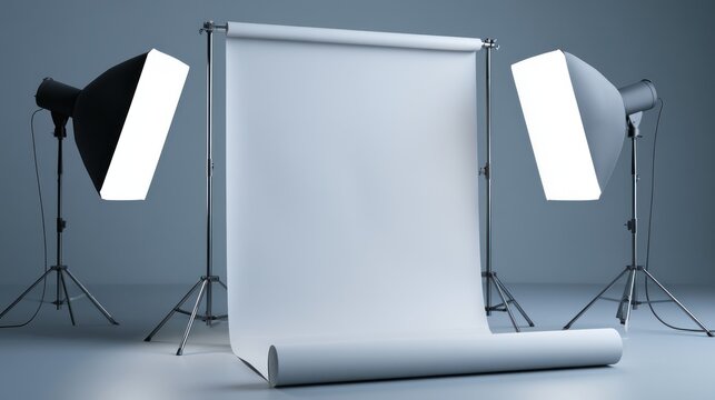 Empty studio setup with softbox lights and backdrop