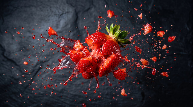 Fresh strawberry fruit exploding with juice splash on a dark background