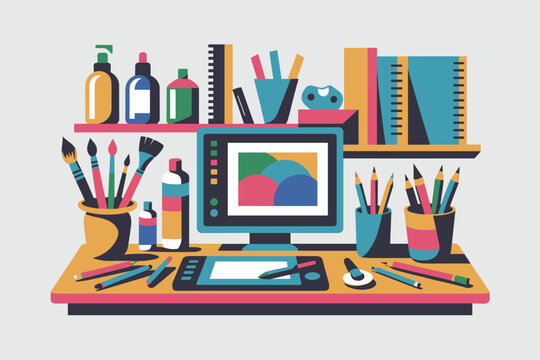 Digital artist workspace with computer, drawing tablet, and various art supplies on a desk