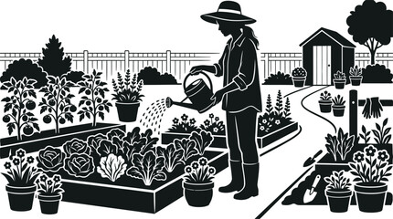 Fototapeta premium Gardener watering plants in a lush garden