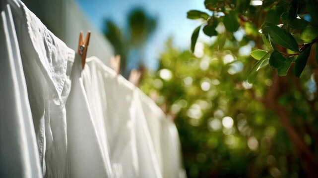 White clothes drying on a clothesline in the sun.