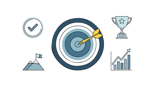 A bullseye with a dart and symbolic icons for success and growth