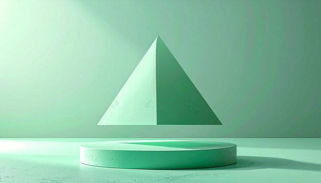 Abstract minimalist 3D mint green floating pyramid above a cylindrical podium stage for product presentation and showcase