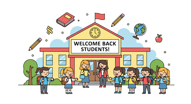 A colorful illustration of children and a school building