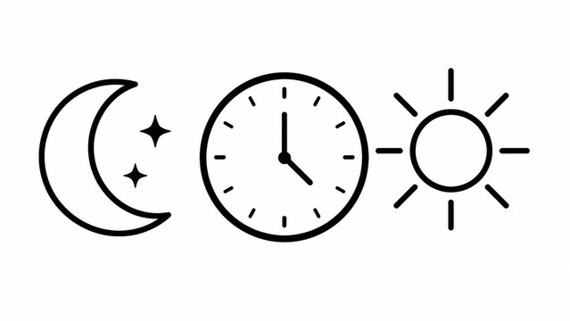 Black outline icons of a crescent moon a clock and a sun for time and cycle themes