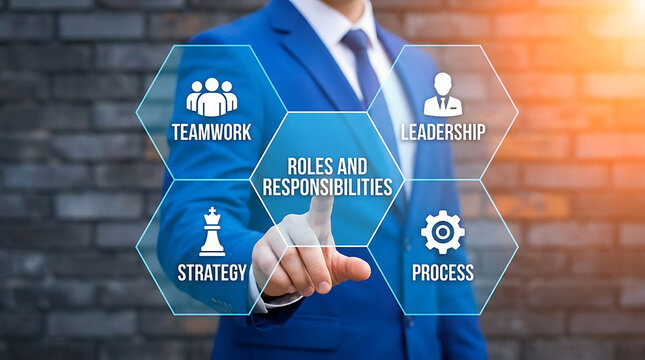 Businessman pointing at a virtual interface with roles and responsibilities text