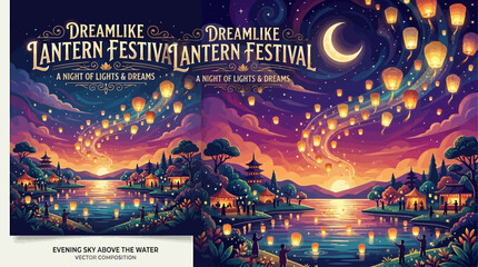 Enchanting Lantern Festival Illustration Featuring Floating Lights and Traditional Architecture under a Moonlit Night Sky © john