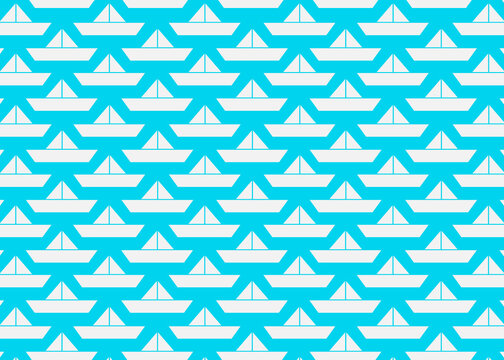 Seamless pattern of white origami paper boats on blue background