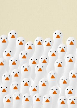 Whimsical illustration of a flock of white birds with copy space