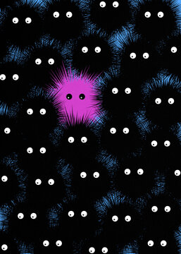 Pink fuzzy sprite standing out in a crowd of black soot sprites
