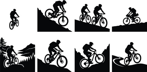 Naklejka premium Mountain Biking Silhouettes Set with Cyclists Riding Outdoor Adventure Trails
