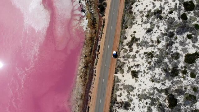 Aerial view of the vibrant pink waters of Hutt Lagoon, Western Australia 