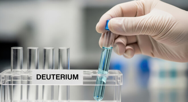 Nuclear fusion research involves testing deuterium samples in laboratory glassware with gloved hands for scientific experiments