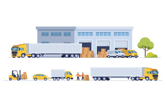 Logistic warehouse building with cargo trucks and delivery vans loading goods for shipping and distribution in a modern industrial supply chain center Vector