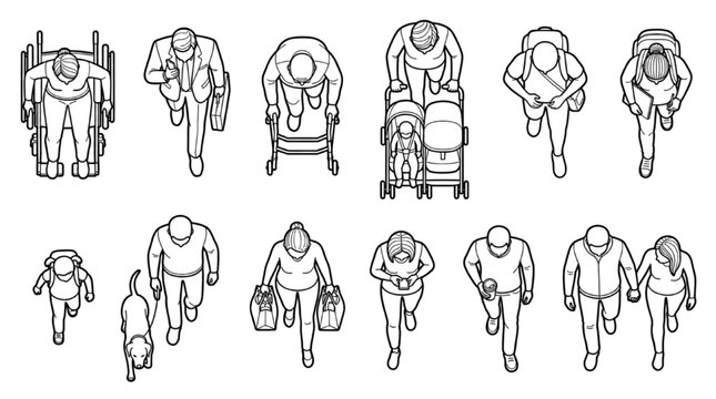 Top View Architectural CAD Inclusive Pedestrian Block Collection with Walking, Wheelchair and Family Figures