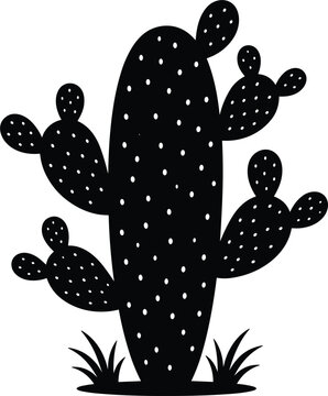 Desert nopal cactus silhouette vector illustration with detailed dots and grass isolated on white background.eps
