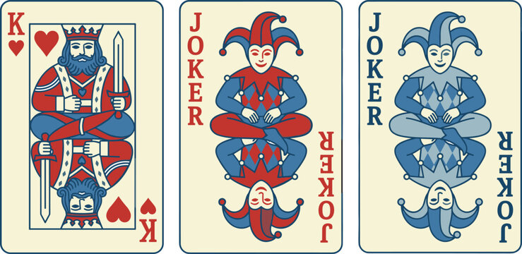 Playing Card Icon Set with King of Hearts and Joker Vector Illustration Design