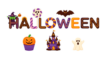 Fototapeta premium Halloween Fun Font: A vibrant and playful graphic representation of the word Halloween adorned with spooky and sweet elements, featuring a witch hat, lollipop, bat, pumpkin cupcake, haunted castle.
