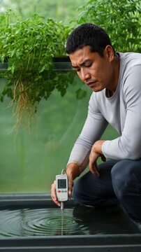 Asian male farmer testing water quality in hydroponic greenhouse system.