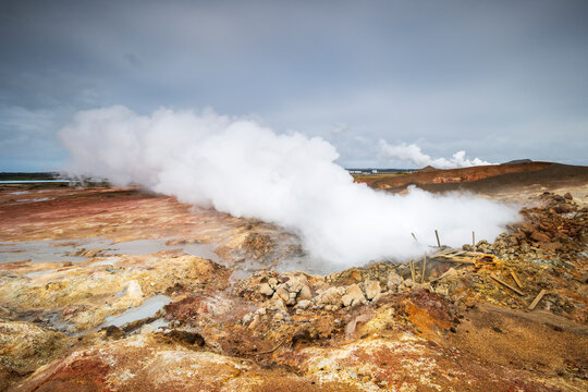Geothermal steam erupts from mineral earth in Iceland