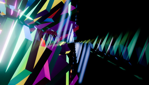 Abstract 3D render of fragmented neon shapes with copy space